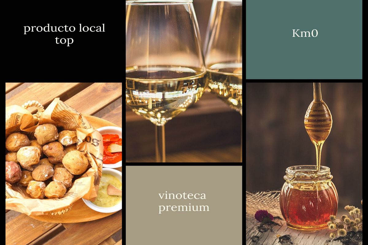 Produit local Km0 à Tenerife : pommes de terre ridées, verres de vin et jarre de miel.