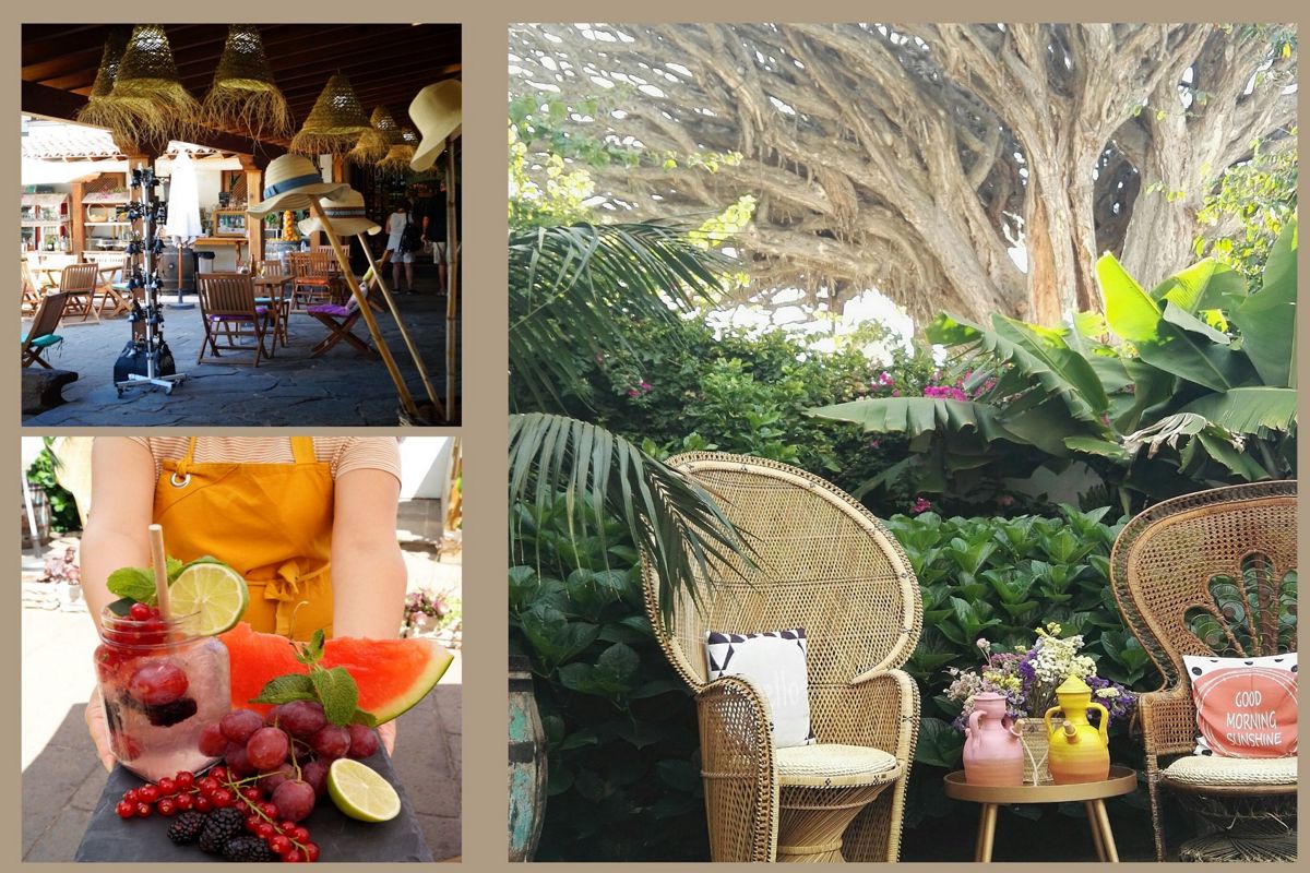 Terrasse avec tables, chapeaux décoratifs et parasols dans un restaurant à Tenerife.