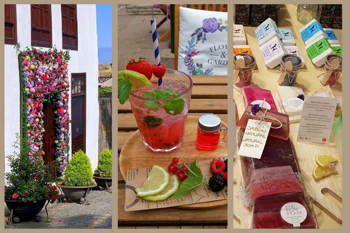 Façade florale, cocktail aux fruits et savons artisanaux à La Orotava, Tenerife.