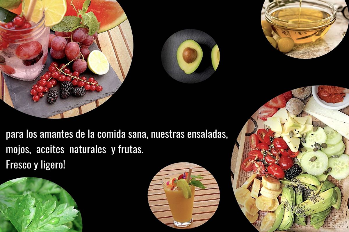 Boisson avec des fruits et du texte : pour les amateurs de nourriture saine, nos salades, mojos, huiles naturelles et fruits. Frais et légers !.
