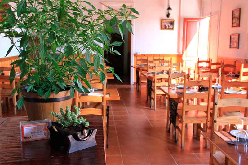 Restaurant à Tenerife avec tables et chaises en bois, plan décoratif au premier plan.