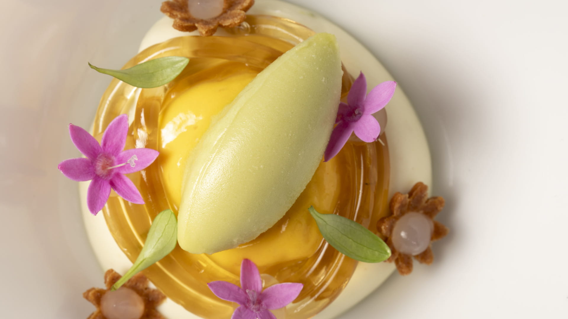 Glace au citron avec fleurs comestibles et petits biscuits, Tenerife.