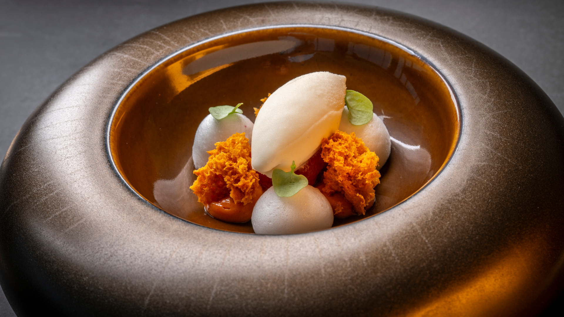 Plat gastronomique avec sorbet et mousse, servi dans un restaurant à Tenerife.