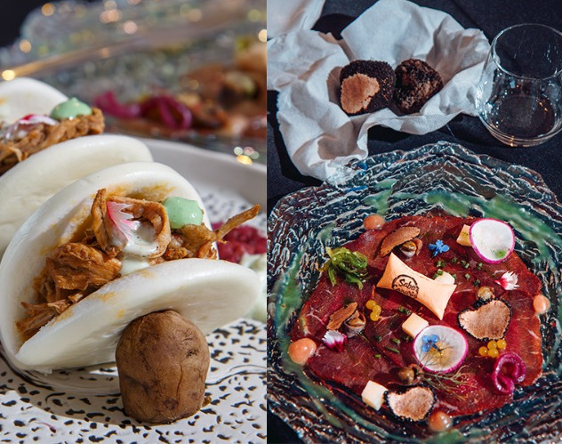 Des rouleaux de bao avec farce de viande et un tartare de thon avec des garnitures à Tenerife.