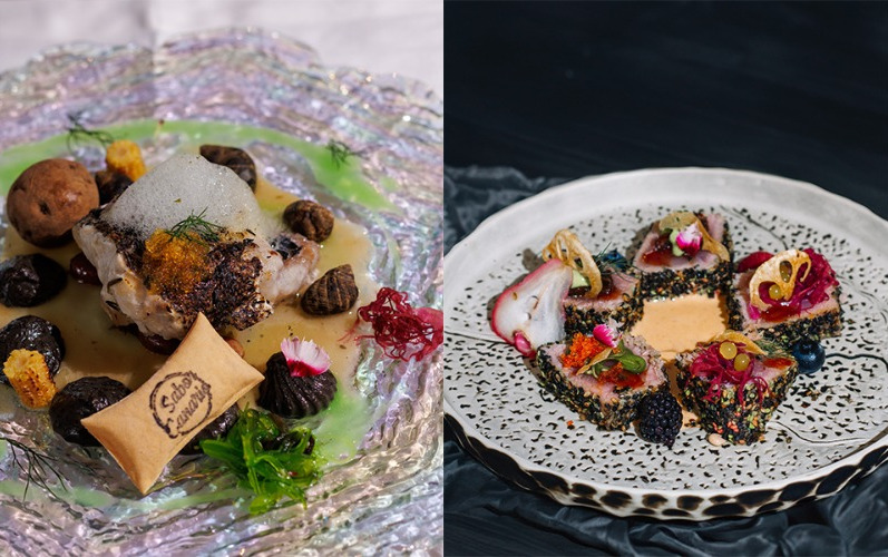 Plats gastronomiques avec poisson et accompagnements dans un restaurant à Tenerife.