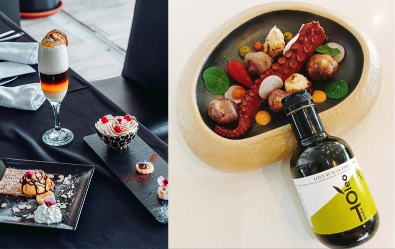 Dessert gourmet et bouteille d’huile avec pieuvre et légumes dans une assiette à Tenerife.