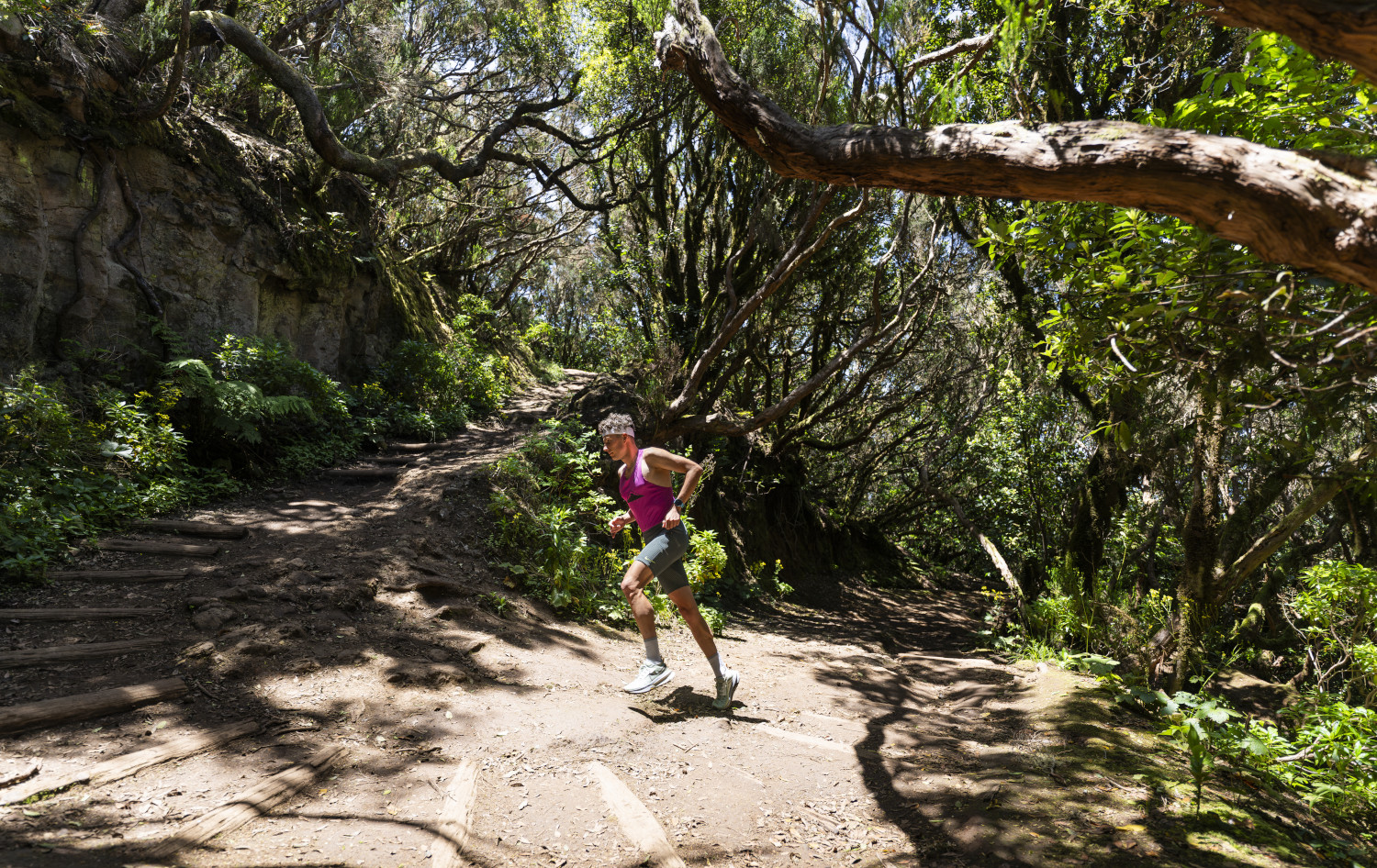 Coureur avançant le long d’un sentier forestier à Tenerife.