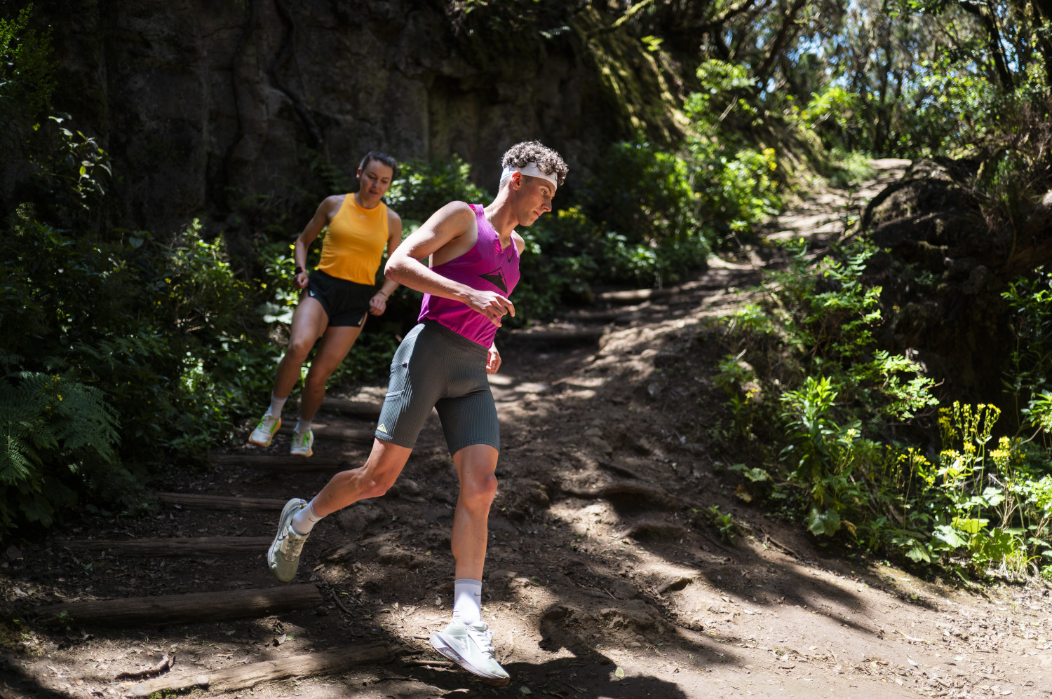 Des coureurs sur un sentier boisé à Tenerife.