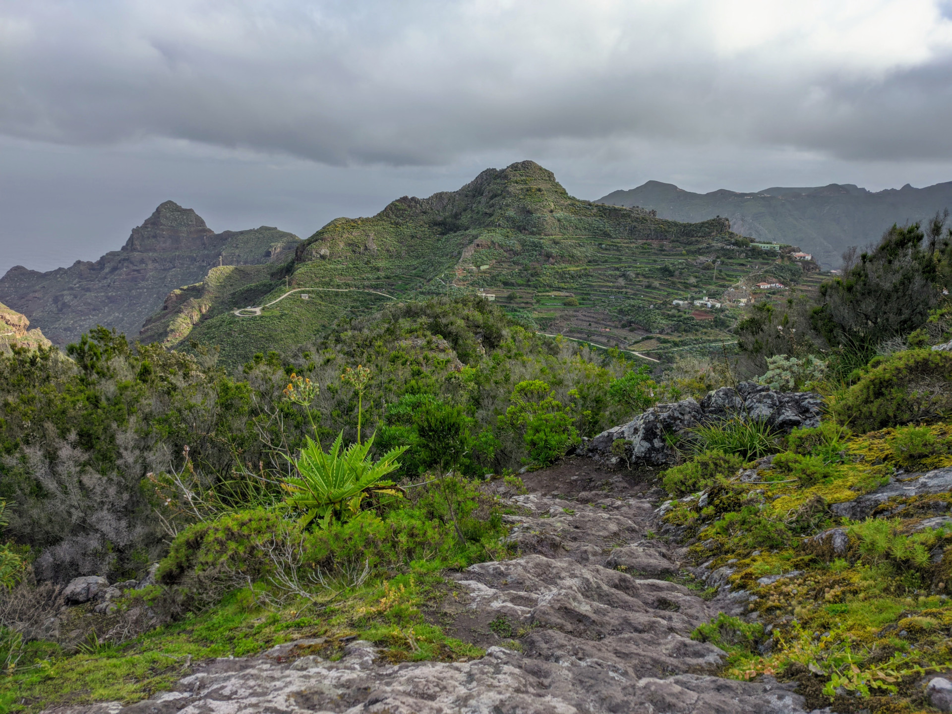 Paysage montagneux à Teno, Tenerife, avec un sentier rocheux et une végétation verte.