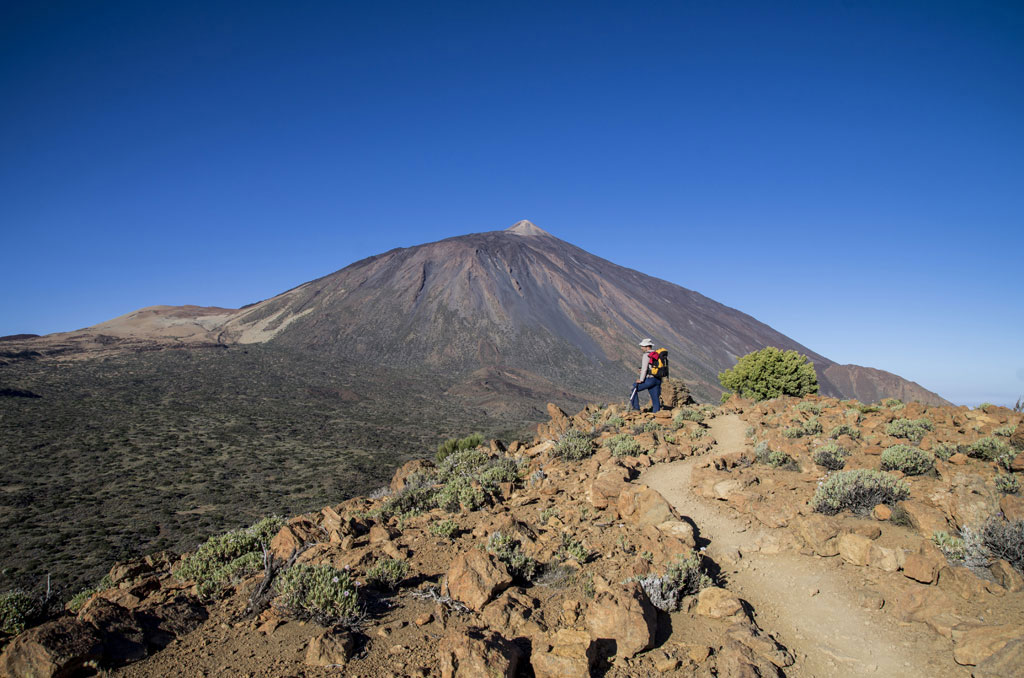 Une personne randonneant près du mont Teide à Tenerife sous un ciel dégagé.