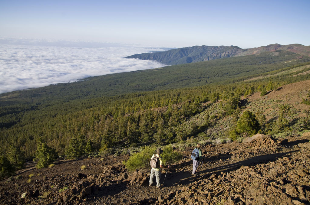 Les randonneurs parcourent un sentier dans le parc national de la Teide, à Tenerife, avec une vue panoramique.
