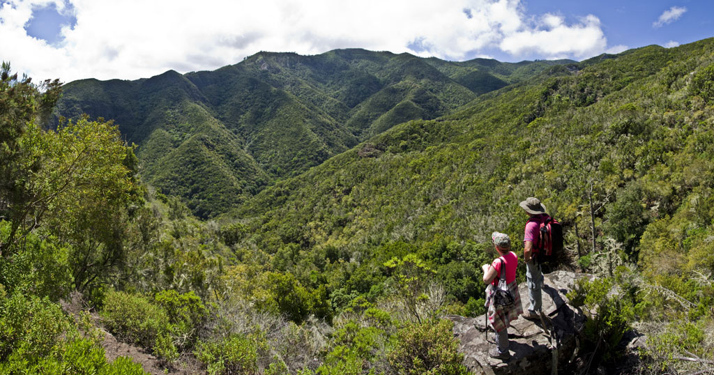 Deux personnes contemplent le paysage montagneux du parc rural d’Anaga à Tenerife.