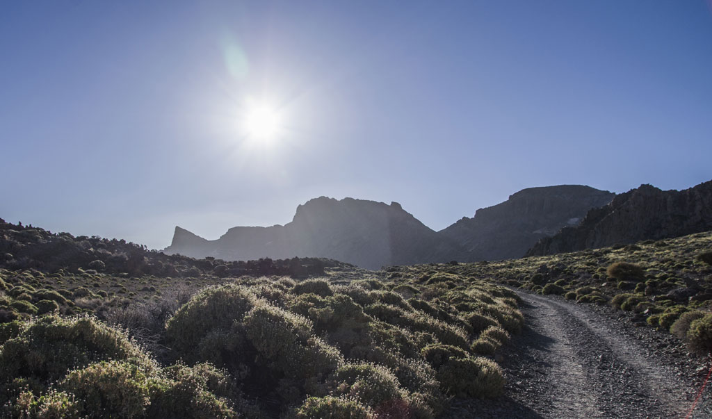 Sentier montagneux dans le parc national de la Teide, à Tenerife, avec le soleil à l’horizon.