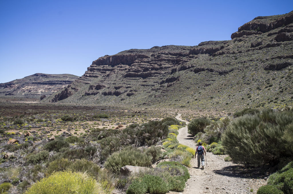 Sentier montagneux dans le parc national du Teide, Tenerife, avec une personne qui marche.