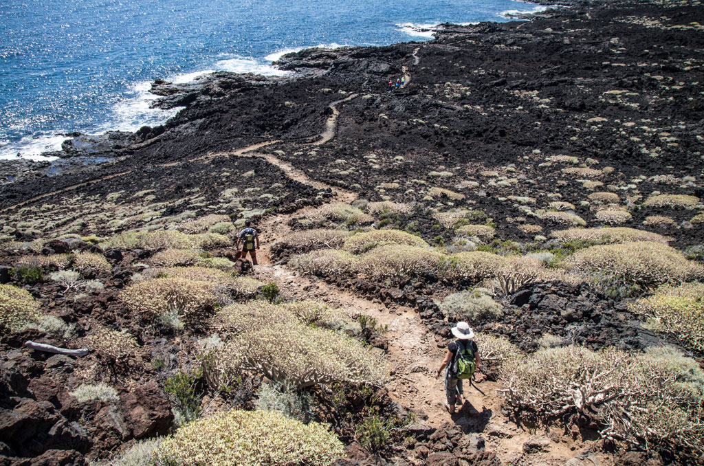 Des gens marchant sur un sentier volcanique près de la côte à Tenerife.