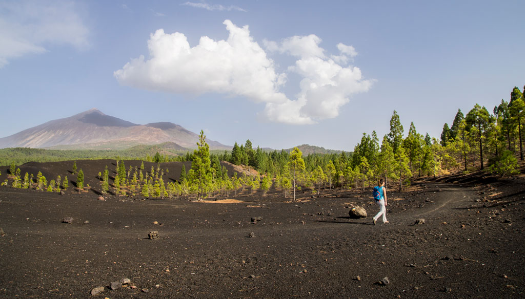 Personne se promenant dans le paysage volcanique du parc national du Teide, Tenerife.