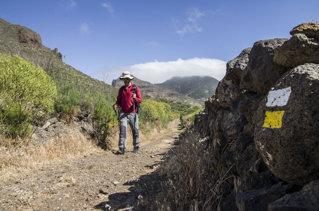 Personne marchant avec une canne sur un sentier à Tenerife, montagnes et panneaux rocheux.