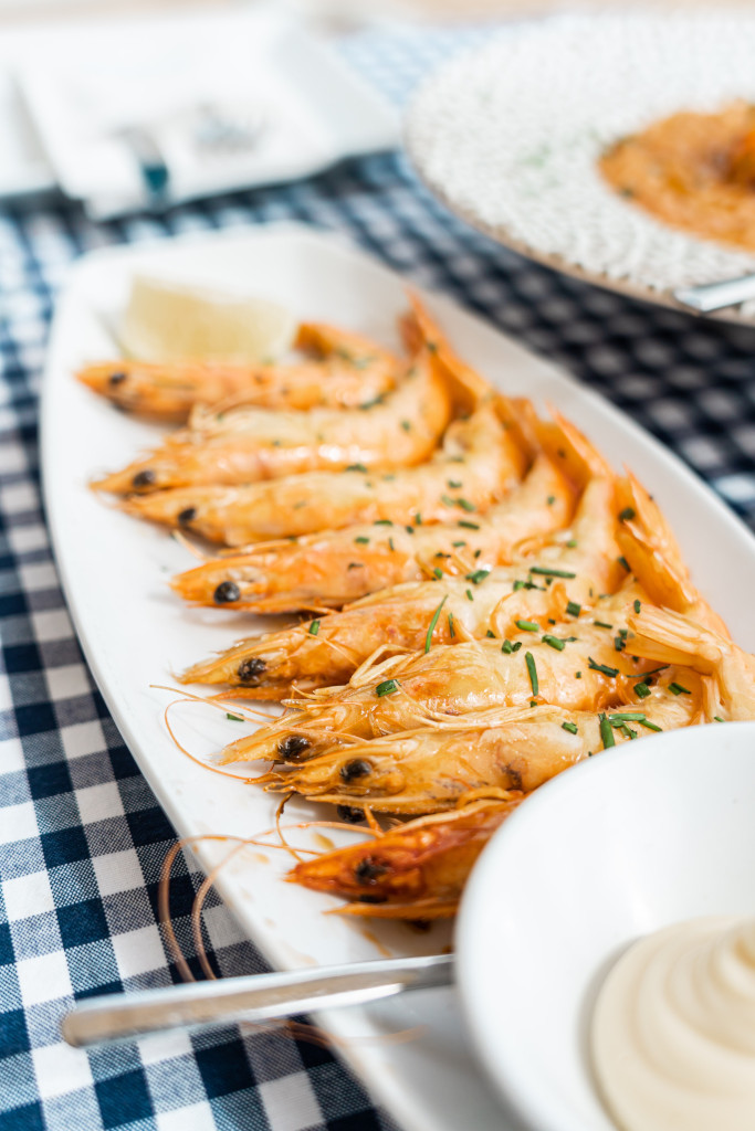 Des crevettes à l’ail servies sur une assiette blanche dans un restaurant à Tenerife.