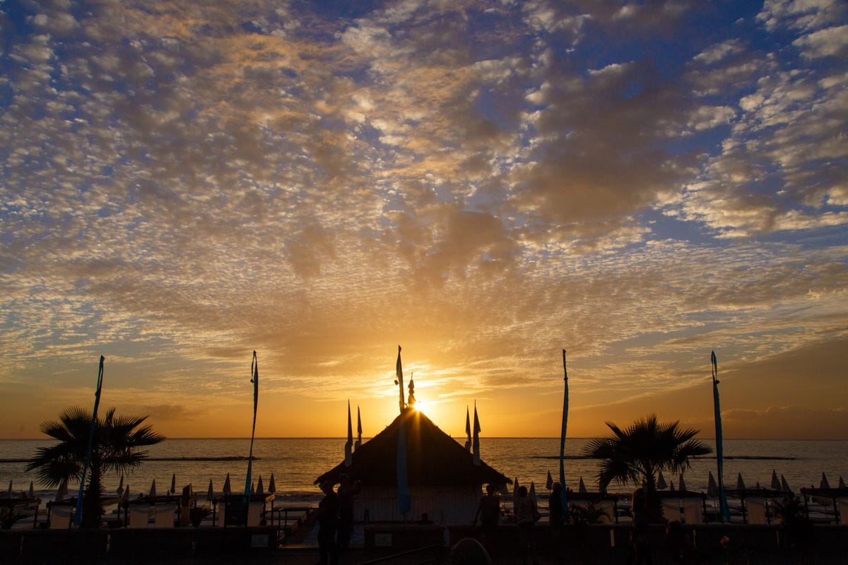 Coucher de soleil sur la plage avec parasols et palmiers à Tenerife.