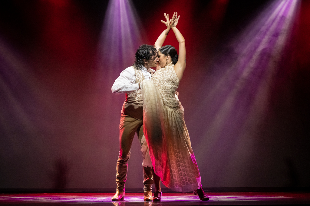 Un couple dansant le flamenco sous des projecteurs éclatants sur une scène.