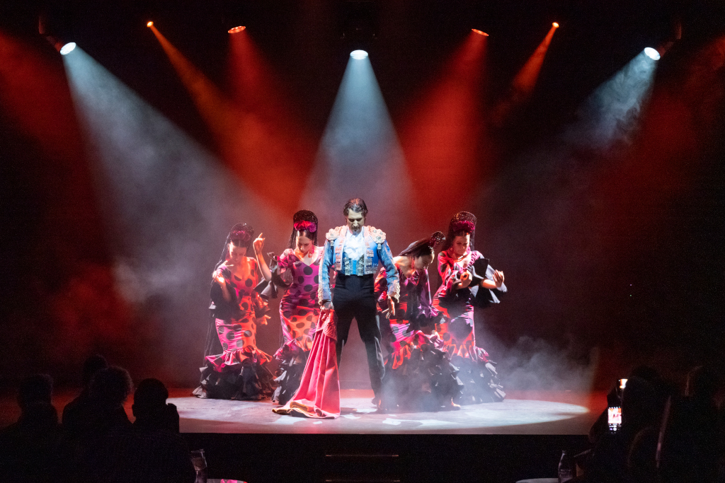 Des danseurs de flamenco se produisant sous les projecteurs sur une scène à Tenerife.