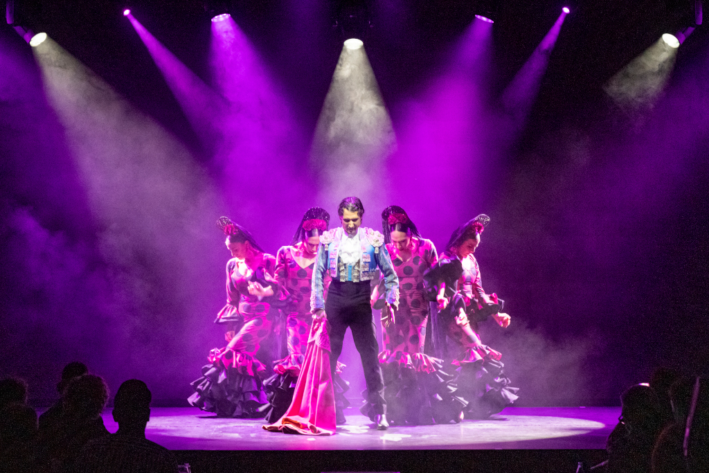 Groupe de danseurs de flamenco sur une scène illuminée à Tenerife.