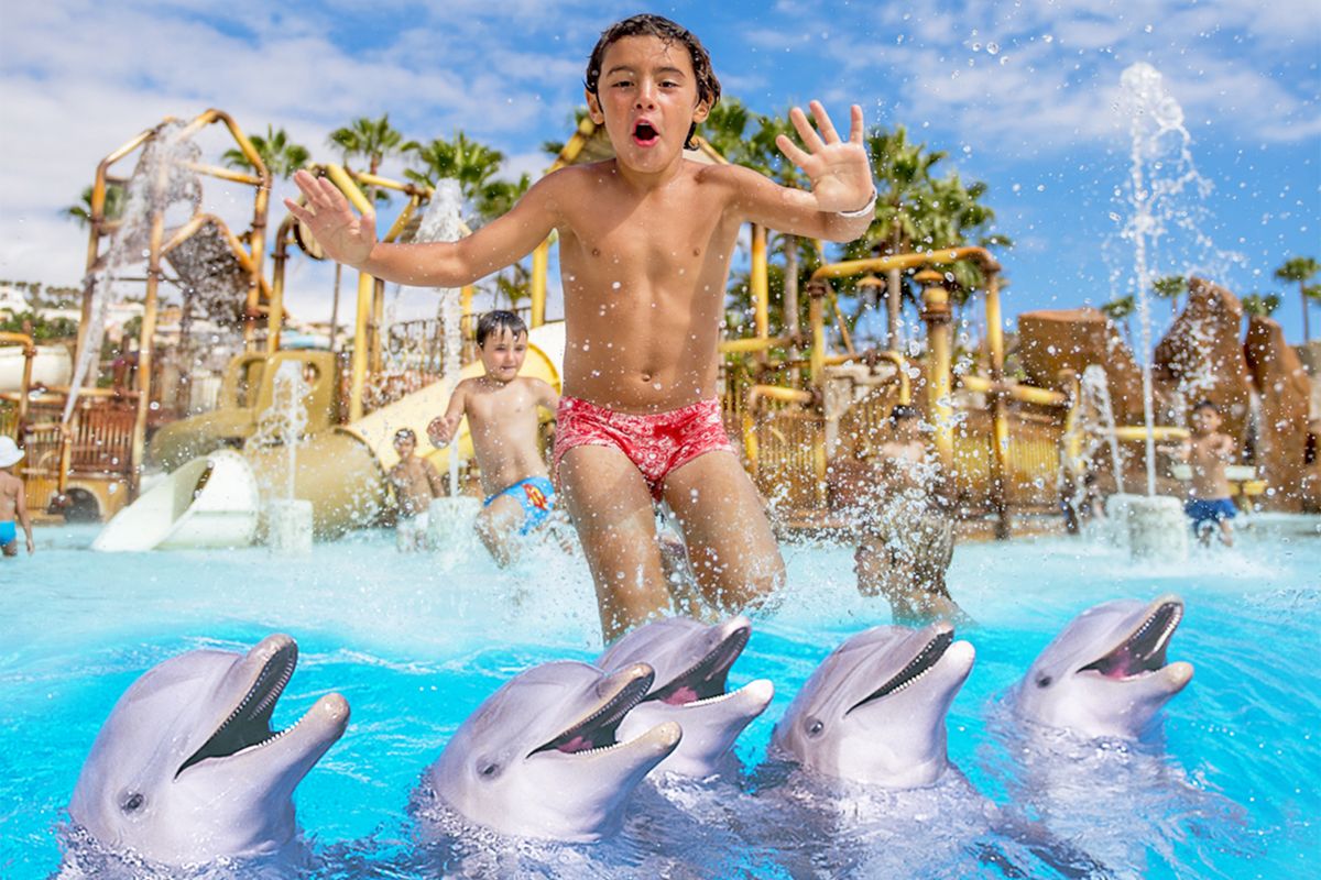 Des enfants jouant avec des dauphins dans une piscine à Tenerife.