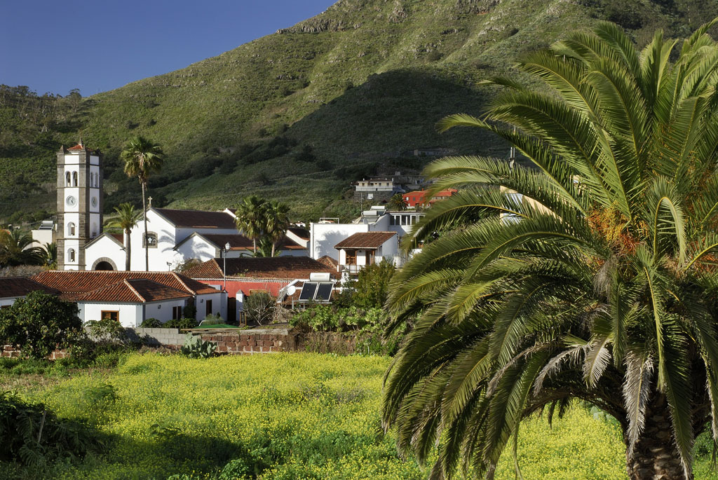 Paysage de Taganana à Tenerife avec des églises et des palmiers verts devant les montagnes.