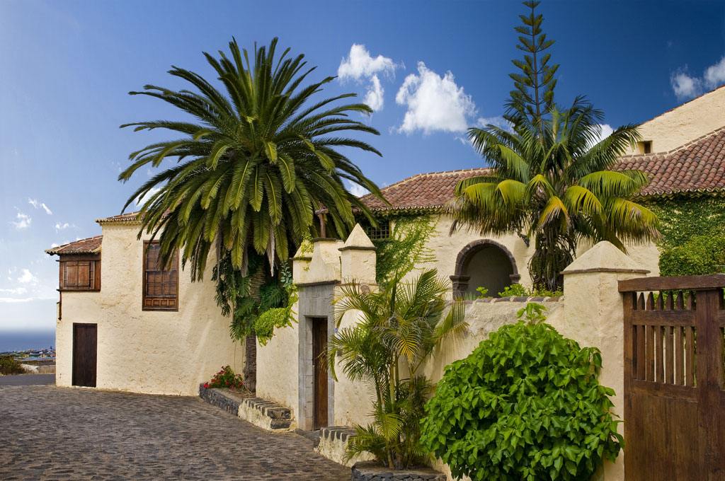 Maison historique avec palmiers à La Orotava, Tenerife. Ciel dégagé et mur de pierre.