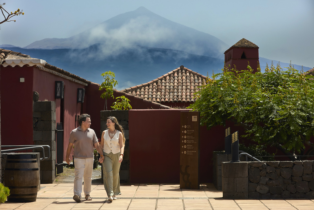 Des gens se promenant près de maisons traditionnelles avec le mont Teide en arrière-plan à Tenerife.