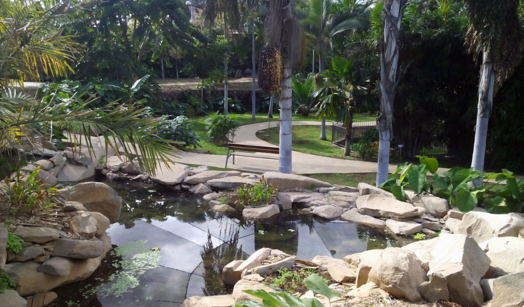 Jardins tropicaux avec étang et sentiers à Puerto de la Cruz, Tenerife.