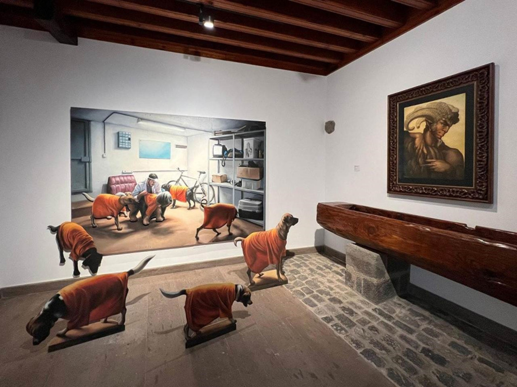 Des chiens en vêtements orange et des tableaux dans une galerie à La Orotava.