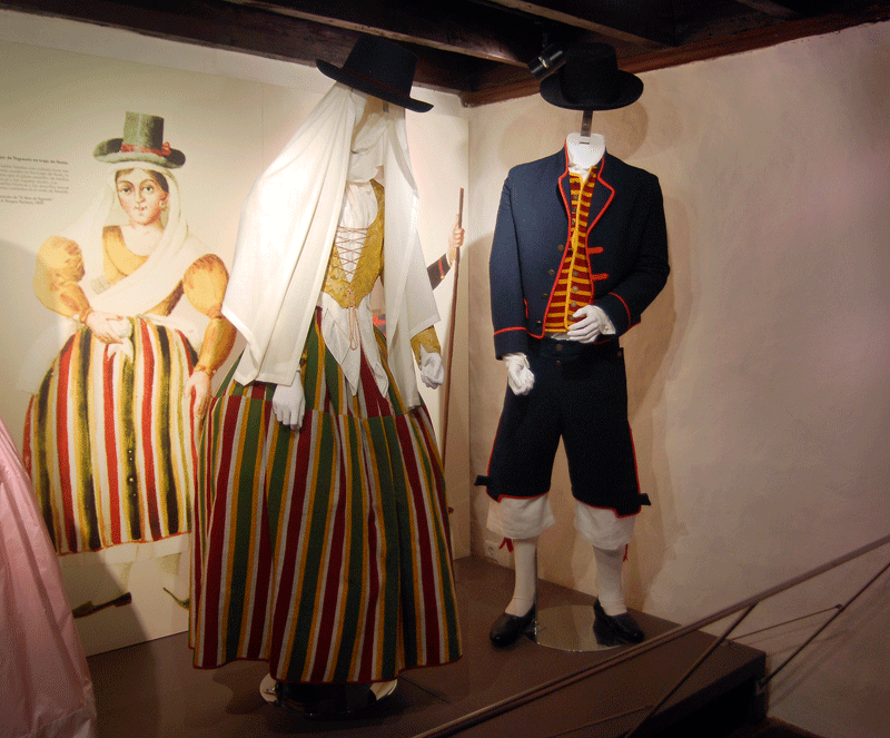 Costumes typiques de Tenerife exposés, avec une illustration historique en arrière-plan.