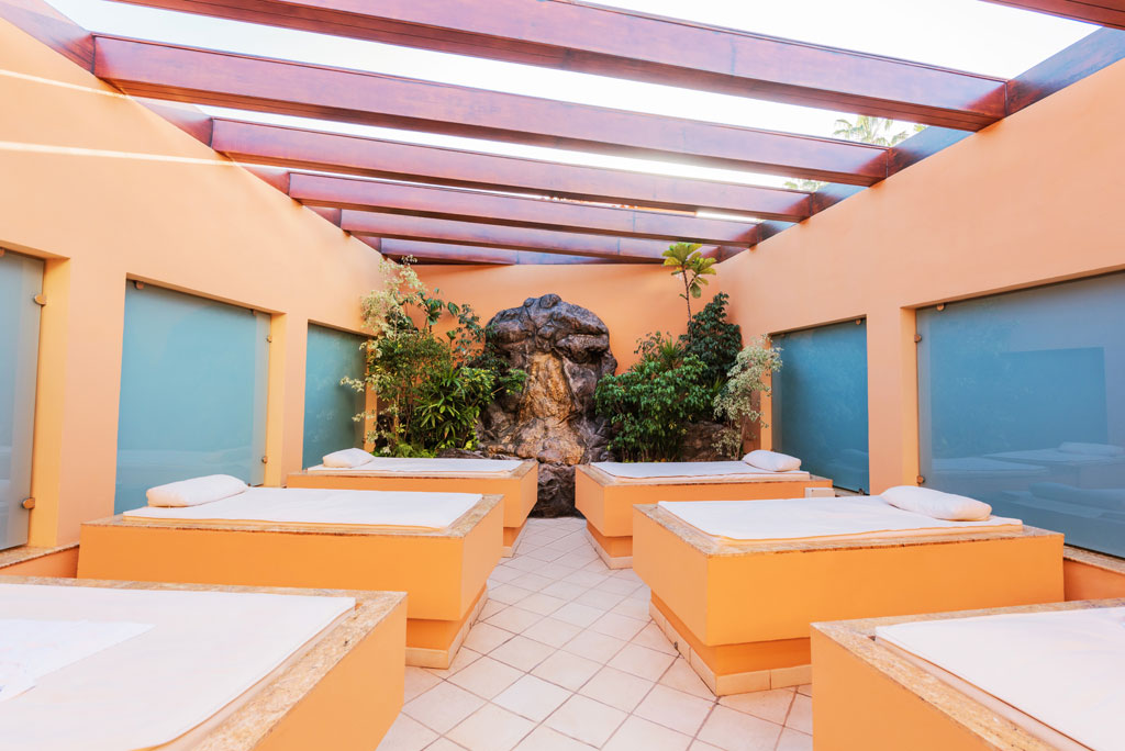 Lits de spa dans un salon intérieur à Tenerife, entourés de plantes et de lumière naturelle.